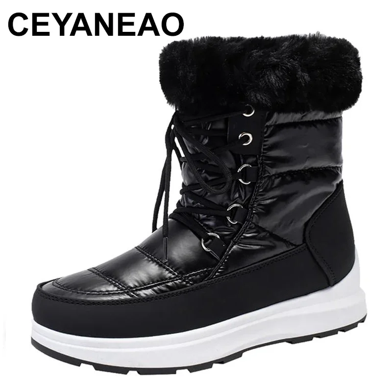 

Winter New Woman Warm Snow Boots Waterproof Lace-Up Thicken Plush Winter Botas Mujer Warm Platform Ankle Boots