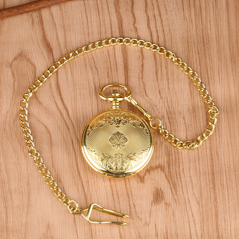 Relógio de bolso mecânico com algarismos romanos para homens, dourado decoreated padrão, mão enrolamento, movimento charme, antique, Dial