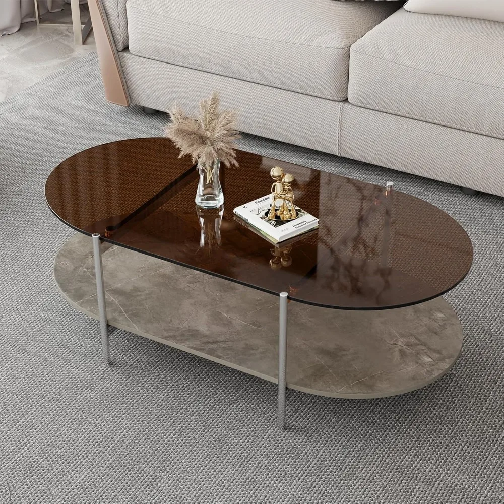 

Tempered Glass and MDF Wooden Coffee Table, 2-story Modern Side Table with Storage Space