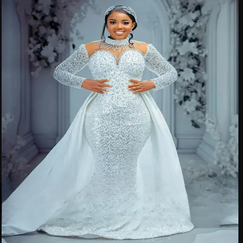 

Свадебное платье с высоким воротником и блестящими бусинами и кристаллами по индивидуальному заказу со съемной юбкой, роскошные арабские свадебные платья Vestido De Novia