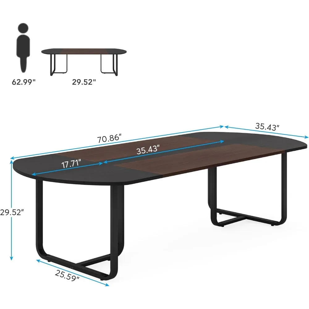 70.86 Inches Oval Conference Table,Two-tone Finish Curved Meeting for Office,Large Business Training Seminar (Walnut+Black)