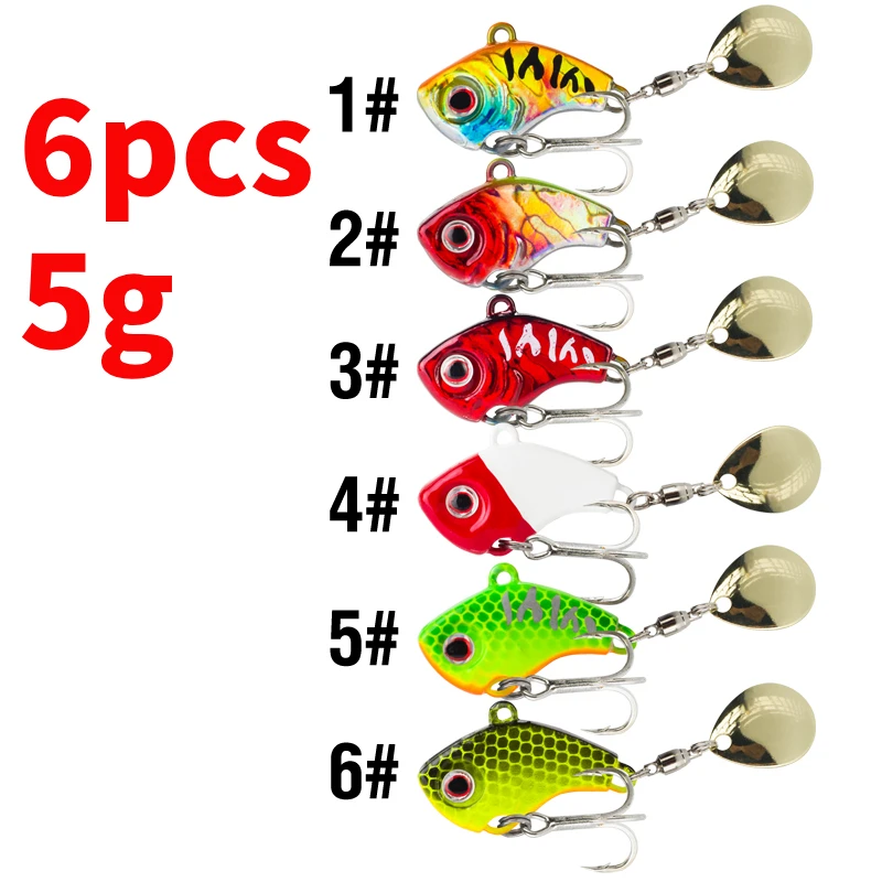 6-teiliges Set 5g/7g/10g/14g/20g Rotierende Metall-Vib-Köder, Sinkende Angelköder mit 3D-Augen, Harte Köder, Spinner, Jigging-Köder, Pailletten-Crankbait