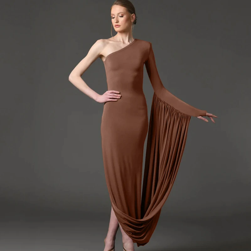 

New sexy slanted shoulder off shoulder single sleeve party dress, women's temperament slim fit long skirt hanging Zou party dres