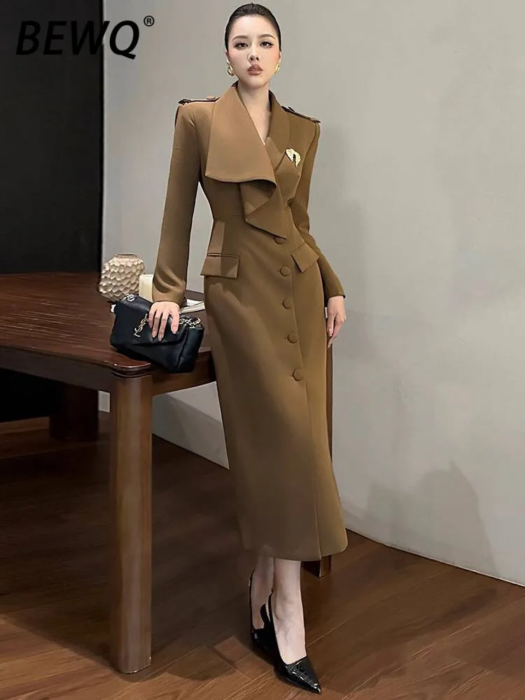 

BEWQ Fashion Women's Elegant Dress Notched Collar Long Sleeve Single Breasted Waist Slim Evening Party Dress 2025 Autumn New
