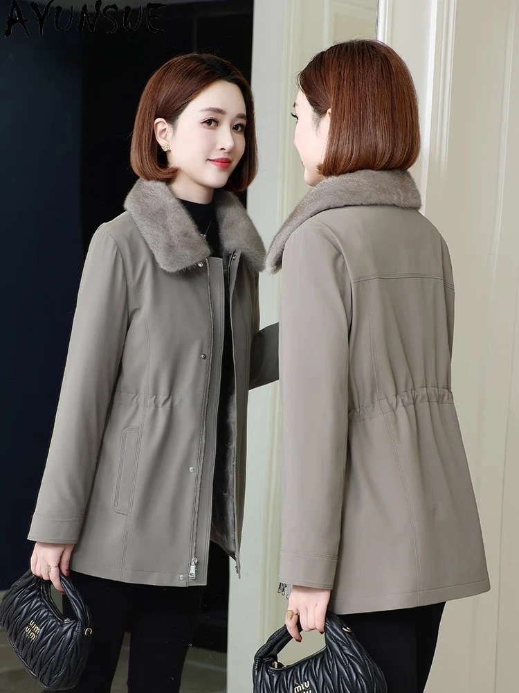 AYUNSUE Real Mink Fur Coat Women 2025 Winter Clothes Mid-length Parka Liner Detachable Real Fur Coat Womens Coats Пальто Женское