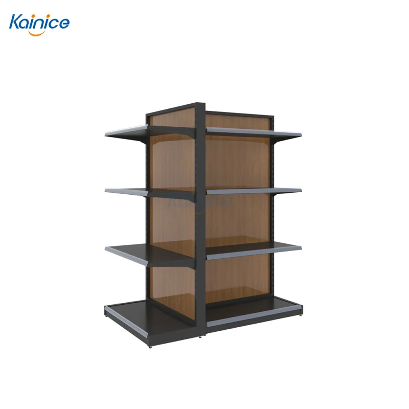 Customize.Kainice Double Sided Metallic Wooden Grain Gondola Pharmacy Hospital Supermarket Rack Grocery Convenience Store Fi