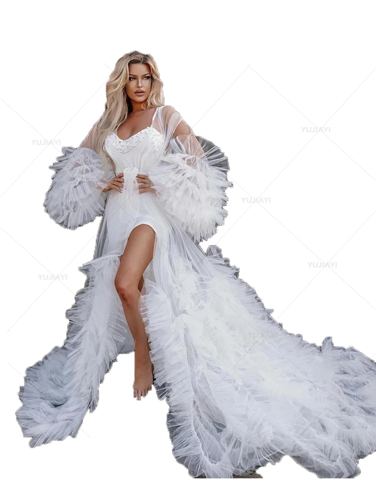 Bridal Robes Puffy Tulle Ruffles Sheer Wedding Dress for Photoshoot Party Gown Bridal Boudoir Lingerie Nightgown Sleepwear