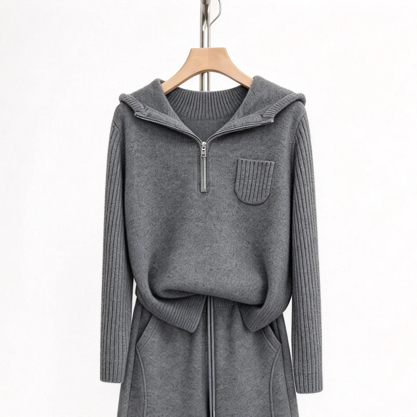 Autumn Winter Women Solid Gray Cropped Knitted Hoodie Long Ribbed Sleeve Loose Soft Casual Daily Wear Lady Pullover Sweater Tops
