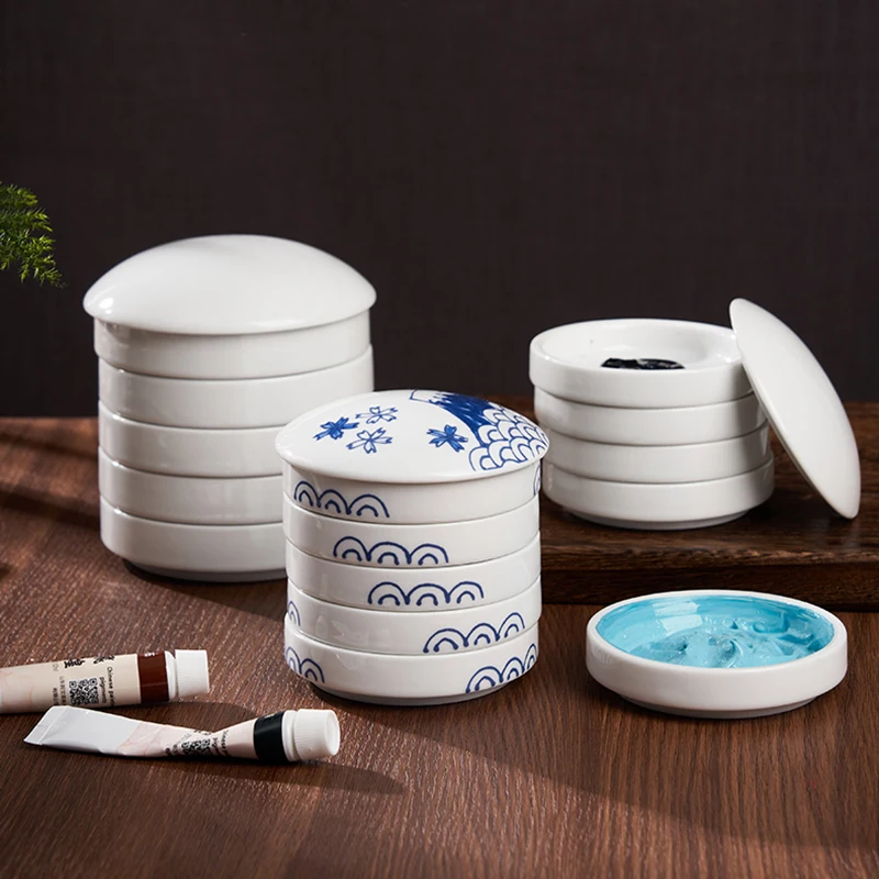 paleta de ceramica de quatro camadas com tampa porcelana azul e branca pigmento de pintura chinesa caixa de tinta paleta de lavagem de caneta 01