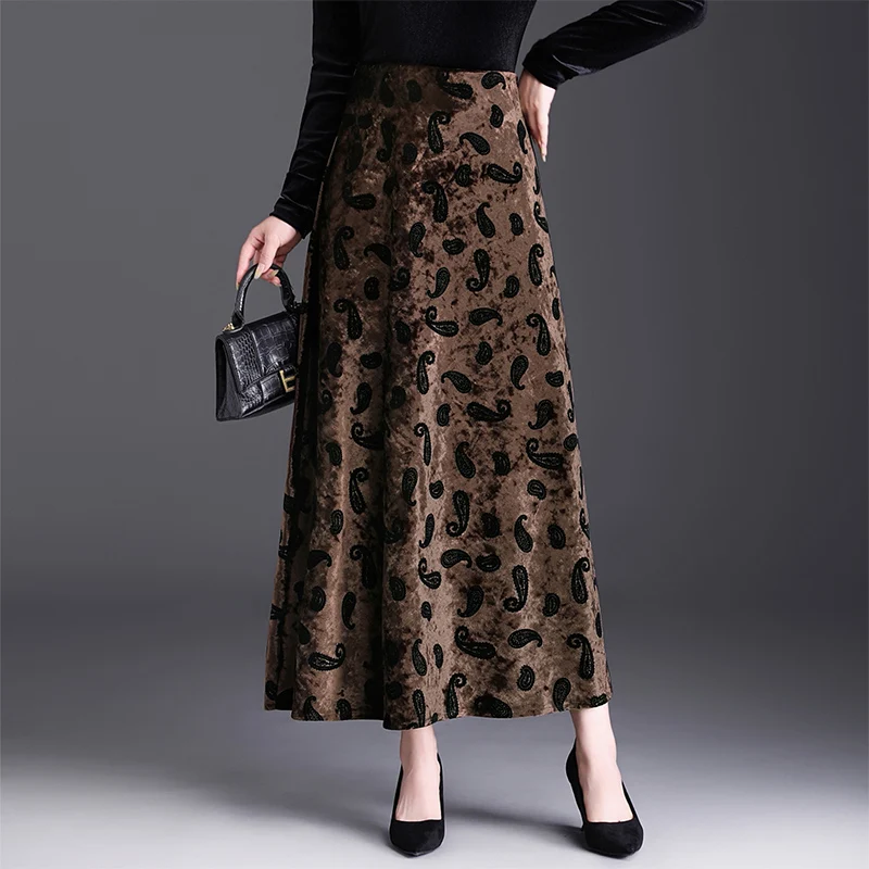 

Золотистая бархатная юбка А-силуэта с высокой талией, женская модная новинка весна-осень, стройнящая, удлиненная, роскошная, с вышивкой