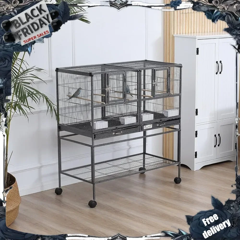 Divided Breeder Bird Cage with Rolling Stand Removable Metal Tray, Storage Shelf, Wood Perch, and Food Container