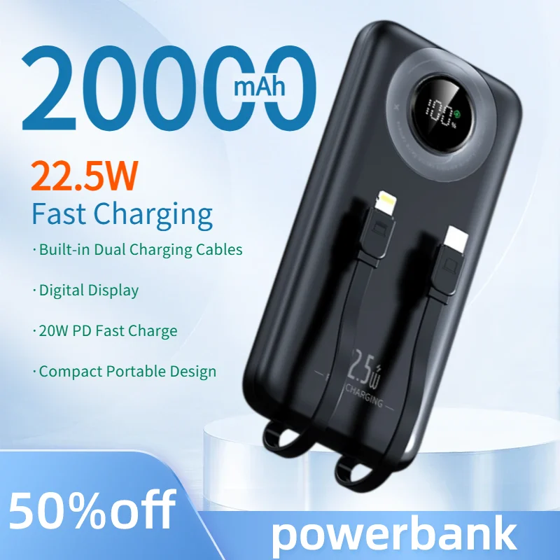 PowerBank 20000mAh 22.5W Fast Charging Power Bank Built-in Dual Cables Portable External Battery for iPhone 17 Samsung Xiaomi