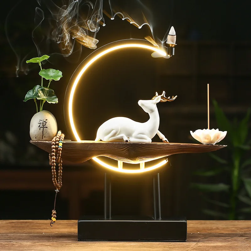 Ceramic Crafts Lucky Deer LED Home Decor Ornaments Waterfall Backflow Incense Buddha Stick Holder