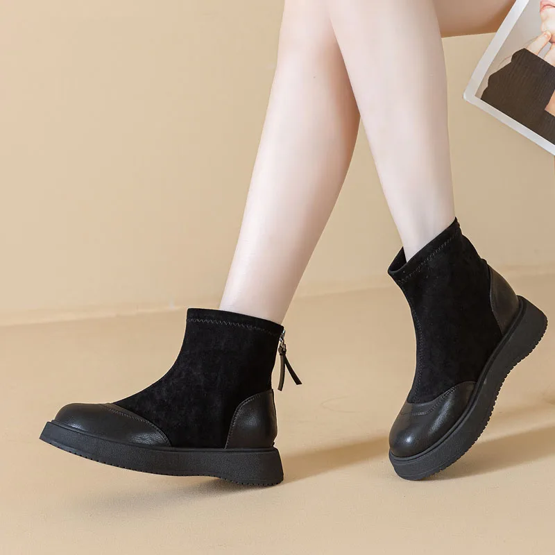 DRKANOL Fashion Women Flats Ankle Boots Round Toe Thick Sole Back Zipper Real Cowhide Sheep Suede Winter Warm Plush Short Boots