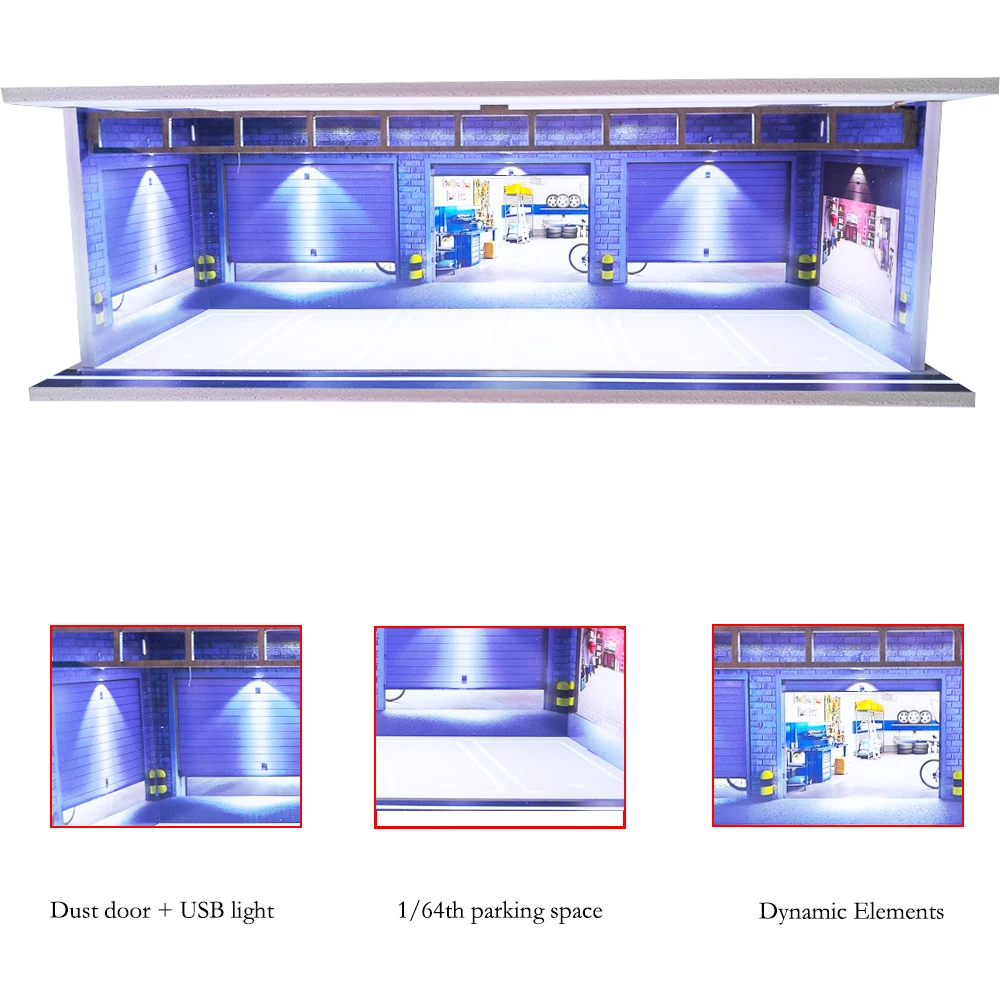 

1:64 Collector's Car Garage Diorama Miniatures Models USB Powered LED Lighting for 1/64 Scale Model Car Display Case
