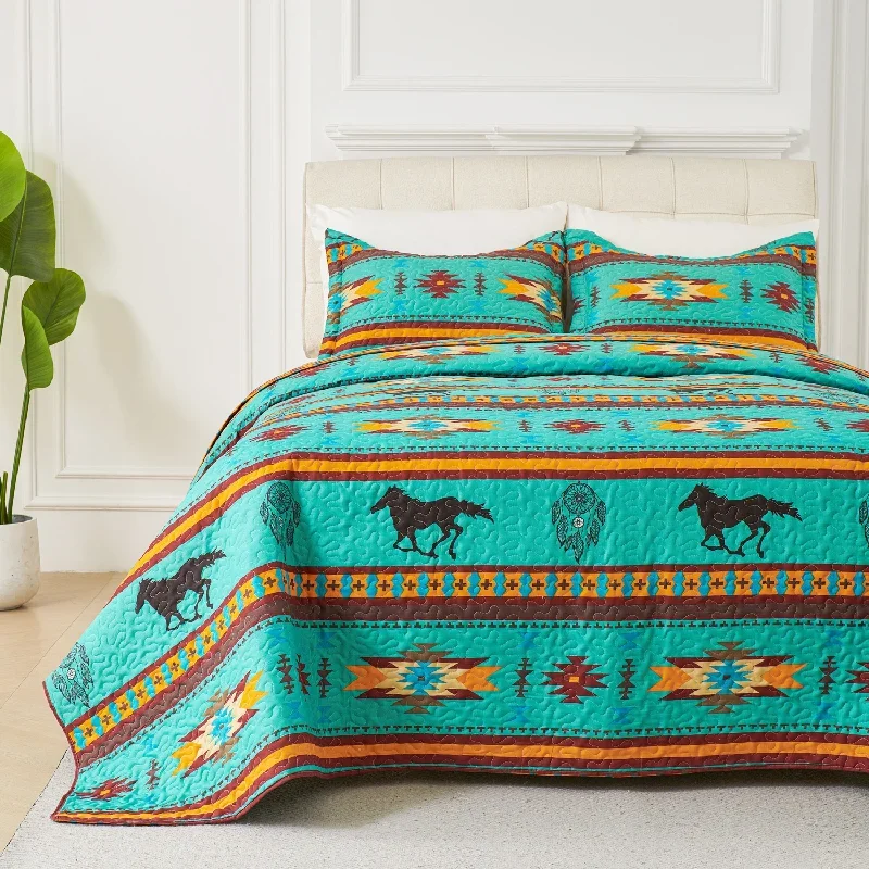 100% Cotton Quilted Coverlet 3-Piece Set, European Patchwork Dreamy Pony Print Bedspread Lightweight Bedding