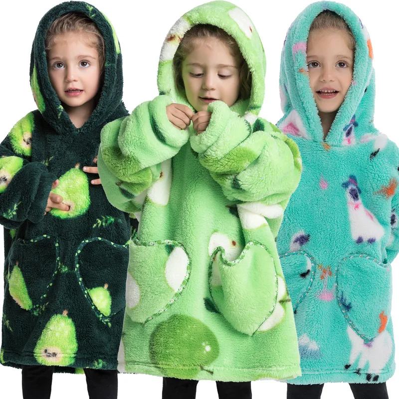 Children's Printed Wearable Blanket Hoodie Sweatshirt Oversized Warm Cartoon Kids Loungewear Pullover Anime Hoodie