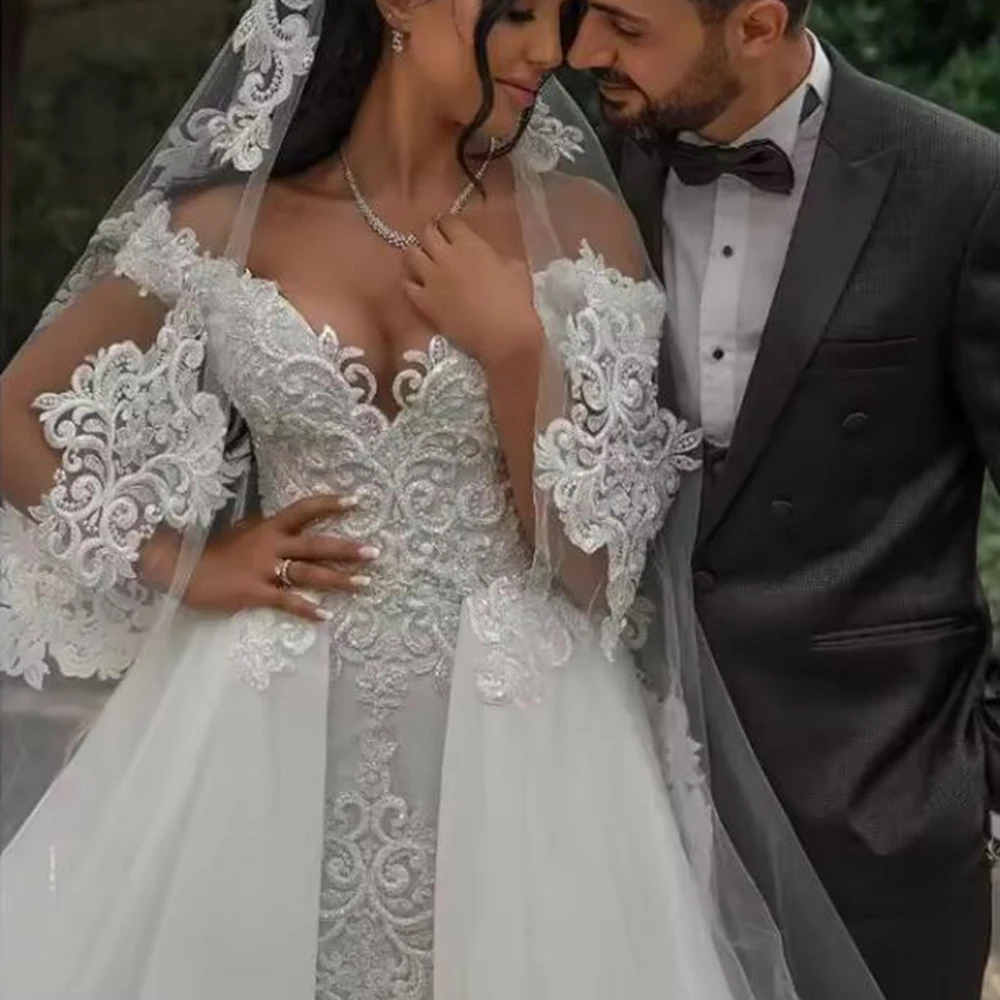 

Arabic Afircan Mermaid Wedding Dresses For Bride Customized Sparkly Beading Lace Appliques Bridal Gowns With Detachable Train 2