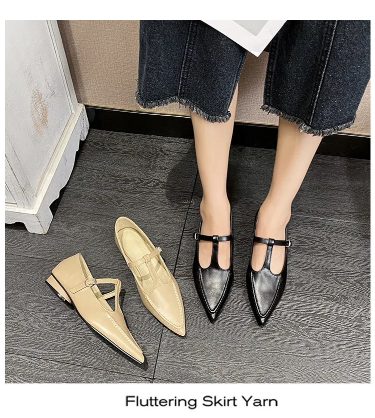 2024 Woman Fashion Pointed Toe Buckle Shoes Apricot Retro Kawaii Solid Female Shoes Flats Casual Shallow Mouth Mary Jane Shoes