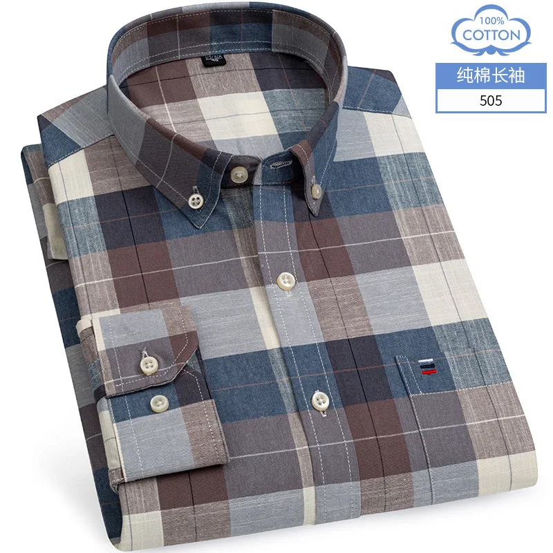 7XL 8XL new men's long-sleeved shirt Plus size Spring/Summer 100% cotton Oxford check free ironing High quality breathable