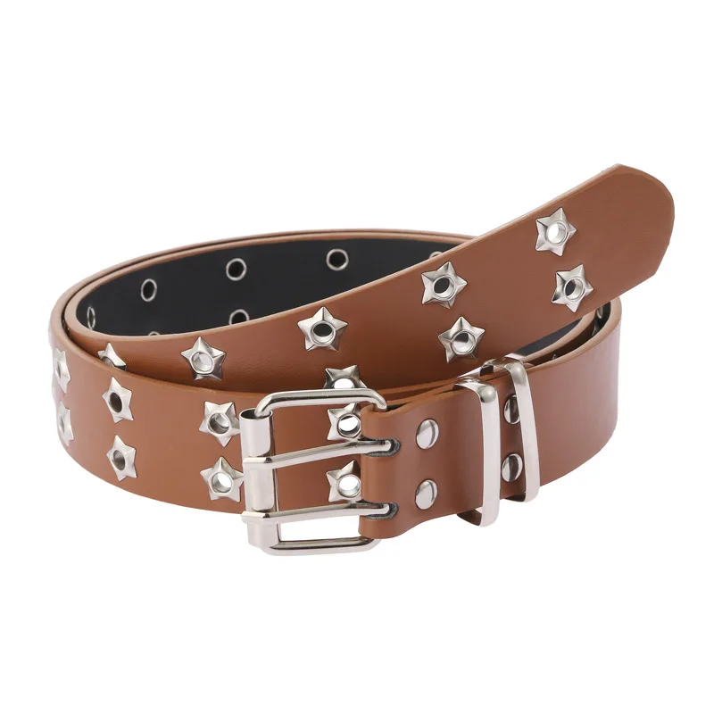 Women y2k Star Eye Rivet Belt Double Row Hole Belt Punk Waist Strap Hollow Out PU Leather Jeans Decorative Fashion Waistband