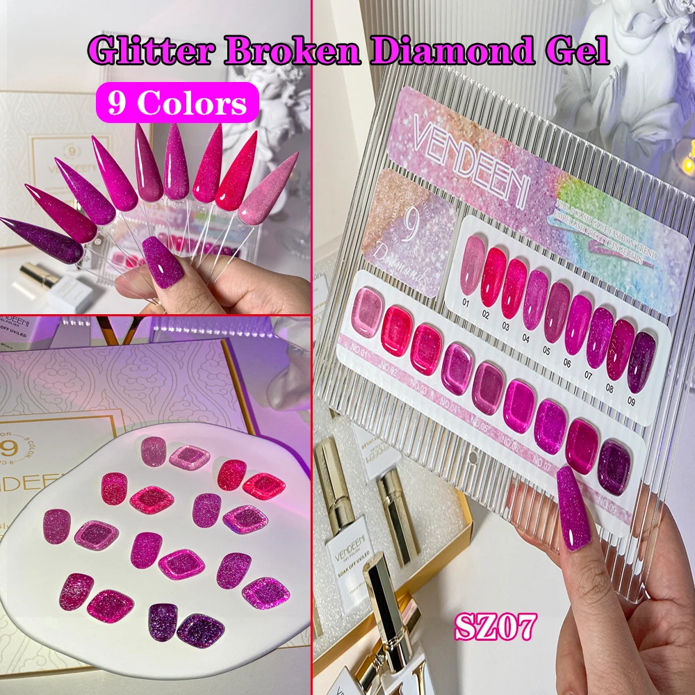 

Vendeeni 9-цветный розово-красный розовый гель-лак для ногтей со сломанными бриллиантами, УФ-светодиодный полуперманентный блестящий гель-лак с дисплеем