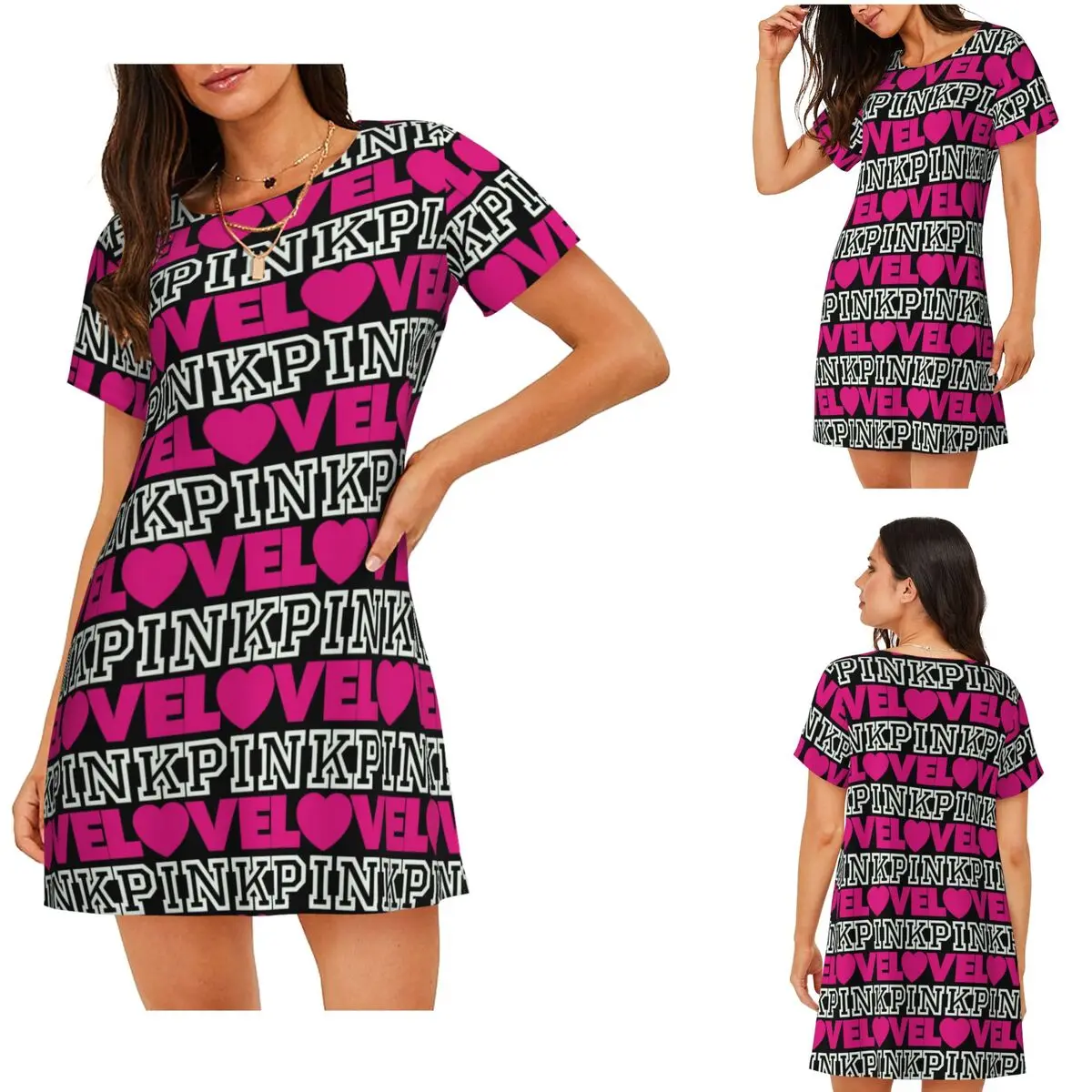 Custom Love Pink Short Sleeves Nightdress For Sleeping Sleepshirts Women Short Sleeve Nightgowns Loose Pajama Dress