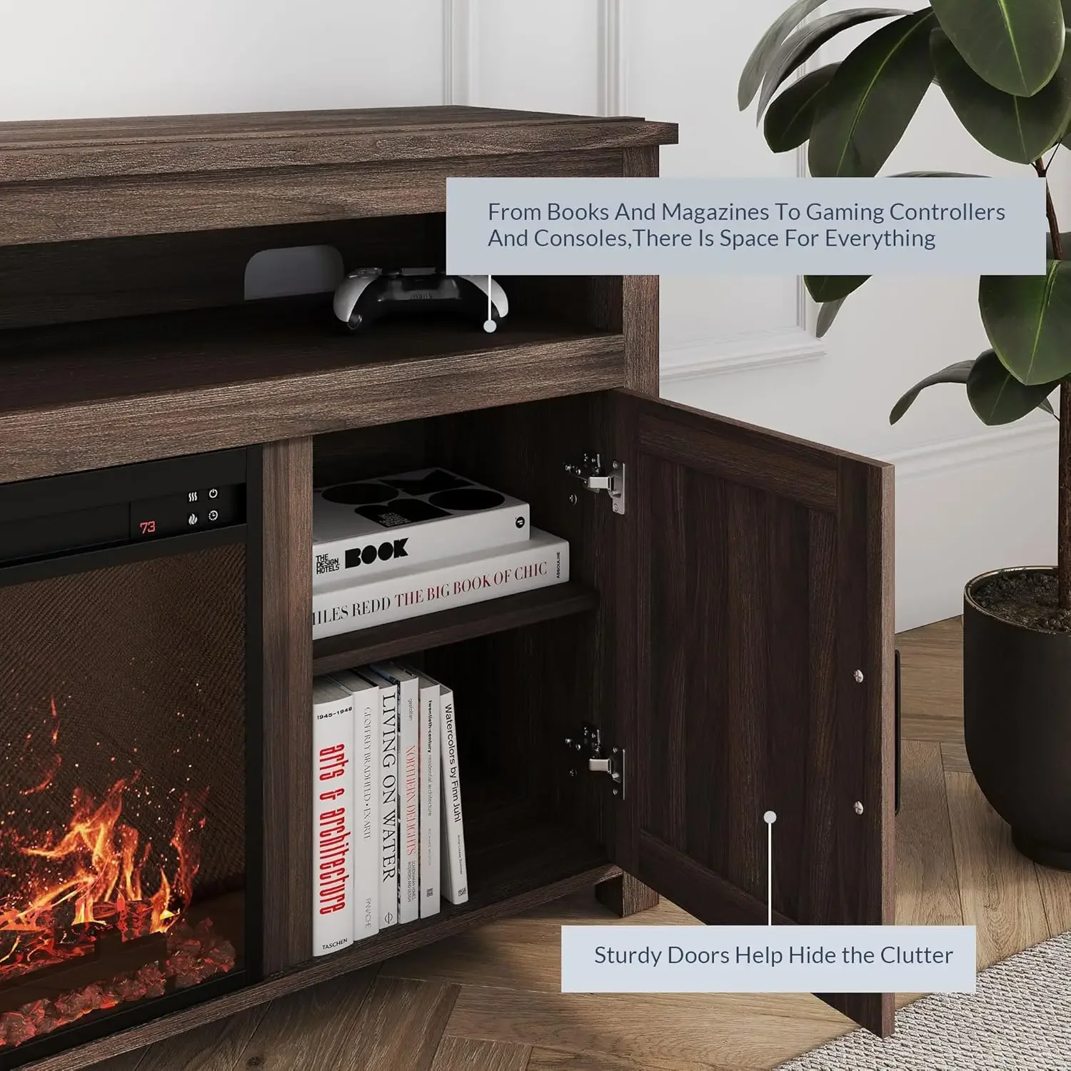 حامل تلفزيون مدفأة كهربائية لأجهزة تلفزيون 65 بوصة، أرفف وخزائن مفتوحة، جوز داكن - كورين