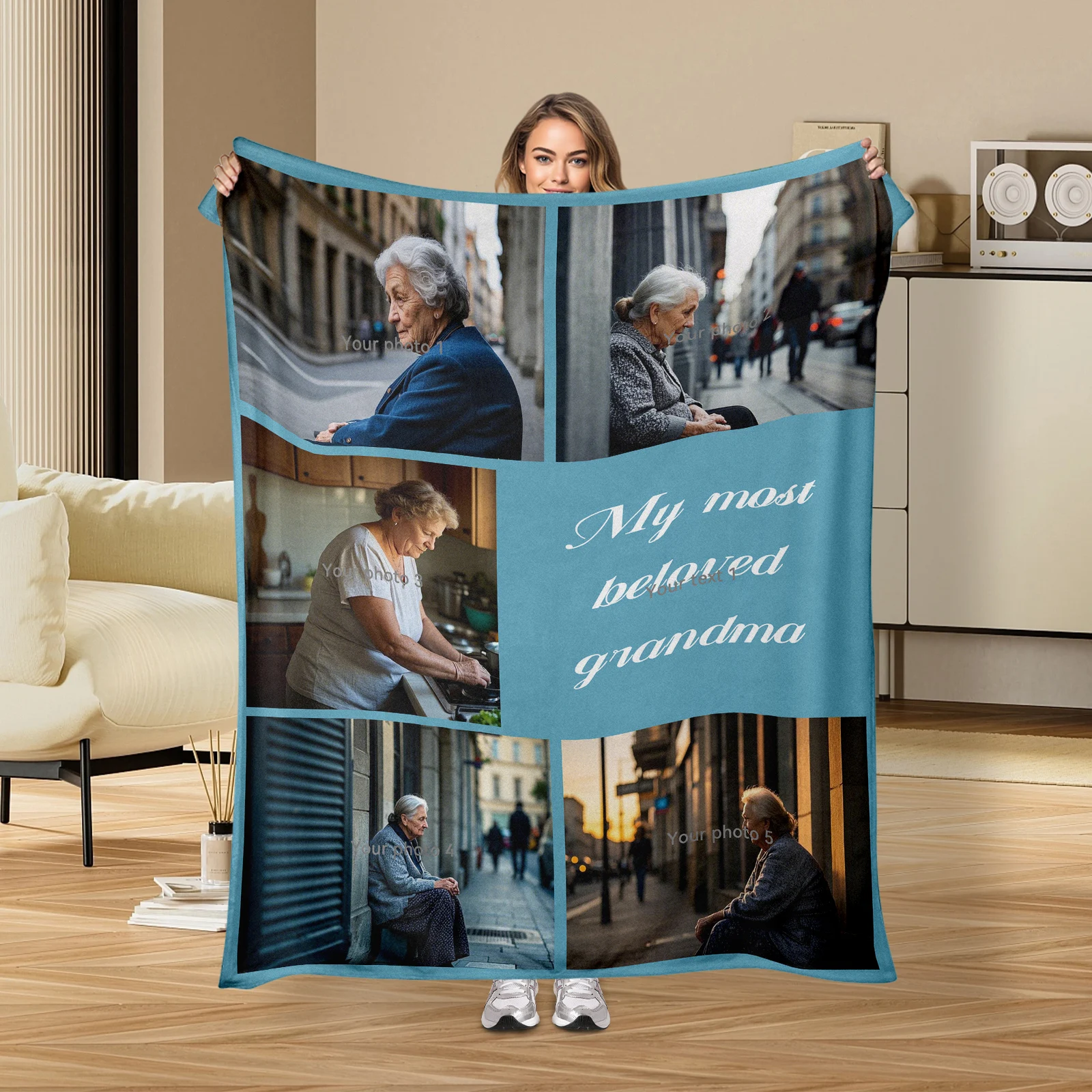 Customizable With 5 Photos And 1 Text Family Memory Blanket Perfect Gift For Grandmother Connect Hearts With Personal Touch