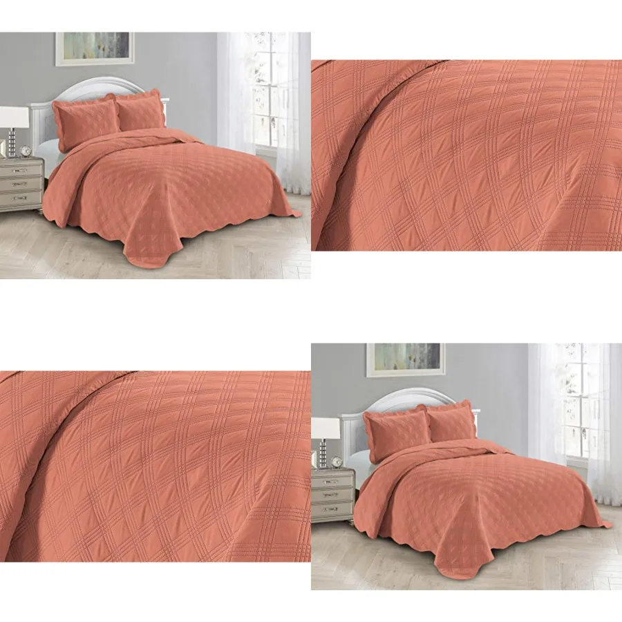 

3pc Embossed Coverlet Bedspread Set Oversized Bed Cover Solid Modern Squared Pattern New Jenni King/California King