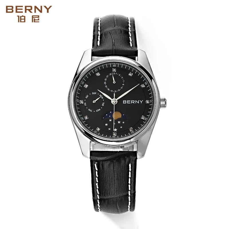 

BERNY Men Quartz Watch Moon Phase Day Date Calendar Waterproof Wristwatch Male Leather Buckle Men Dress Watch MIYOTA 6P20 Gold