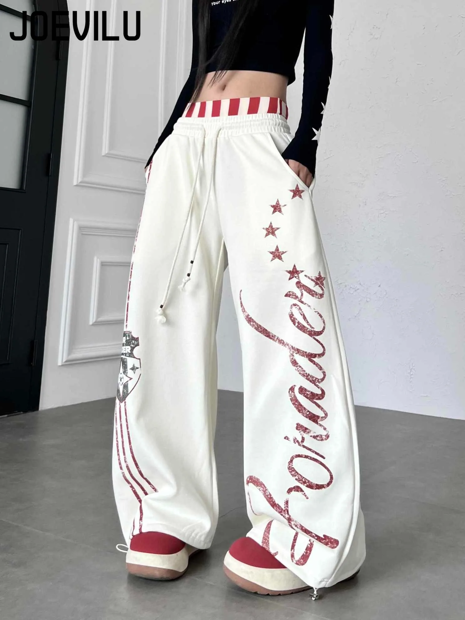 Unisex American Streetwear Color Block Striped Patchwork Sweatpants Double Waistband Elastic Wide Leg Curved Dance Joggers Pants