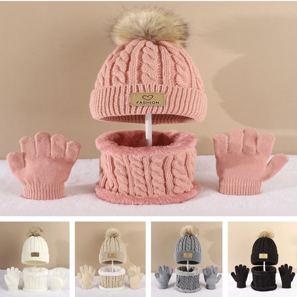 

Hot Sale Kids Pom Pom Decor Beanie Hat Infinity Scarf & Gloves Set Boys Girls Winter Warm Suit