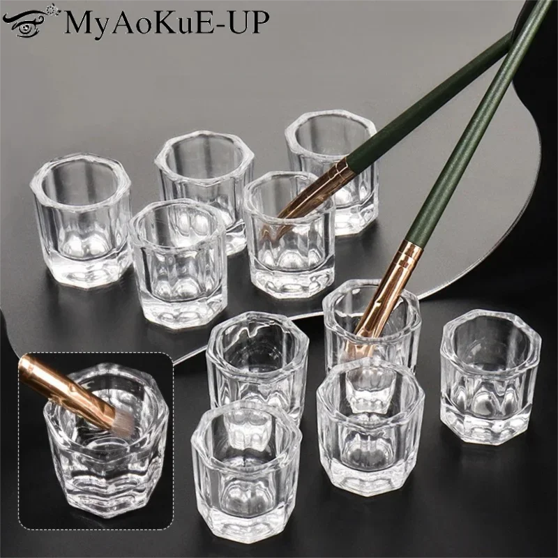 Mini Crystal Glass Clear Acrylic Small Octagonal Powder Liquid Nail Cup Nail Brush Cleaning Tools Liquid Power For Mixing Bowl