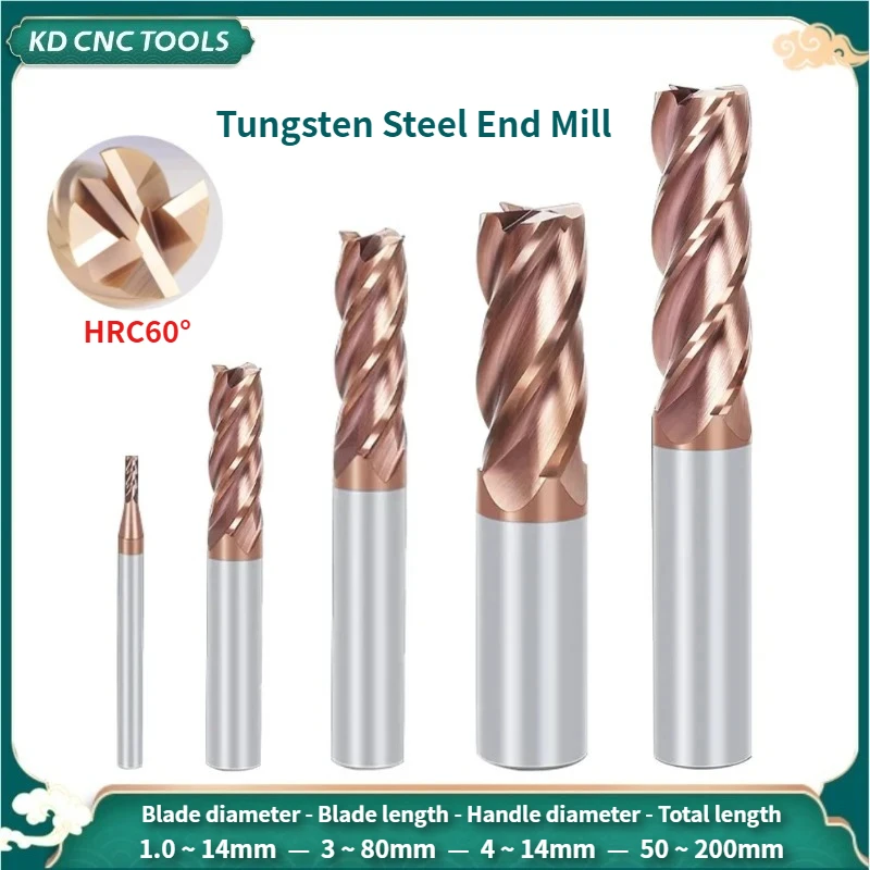 

HRC60 Carbide End Mill 4Flutes Metal Steel Tungsten Milling Cutter Alloy Coating Cutting Tool CNC Maching 1 2 3 4 5 6 7 8 9-20MM
