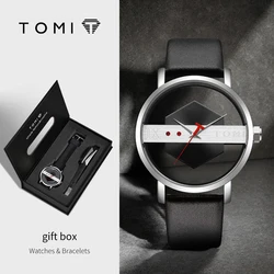 TOMI New 2PCS Men's Gift Box Watch Bracelet Simple and Fashionable Hollow out Versatile Black Strap Men's Quartz Watch Reloj