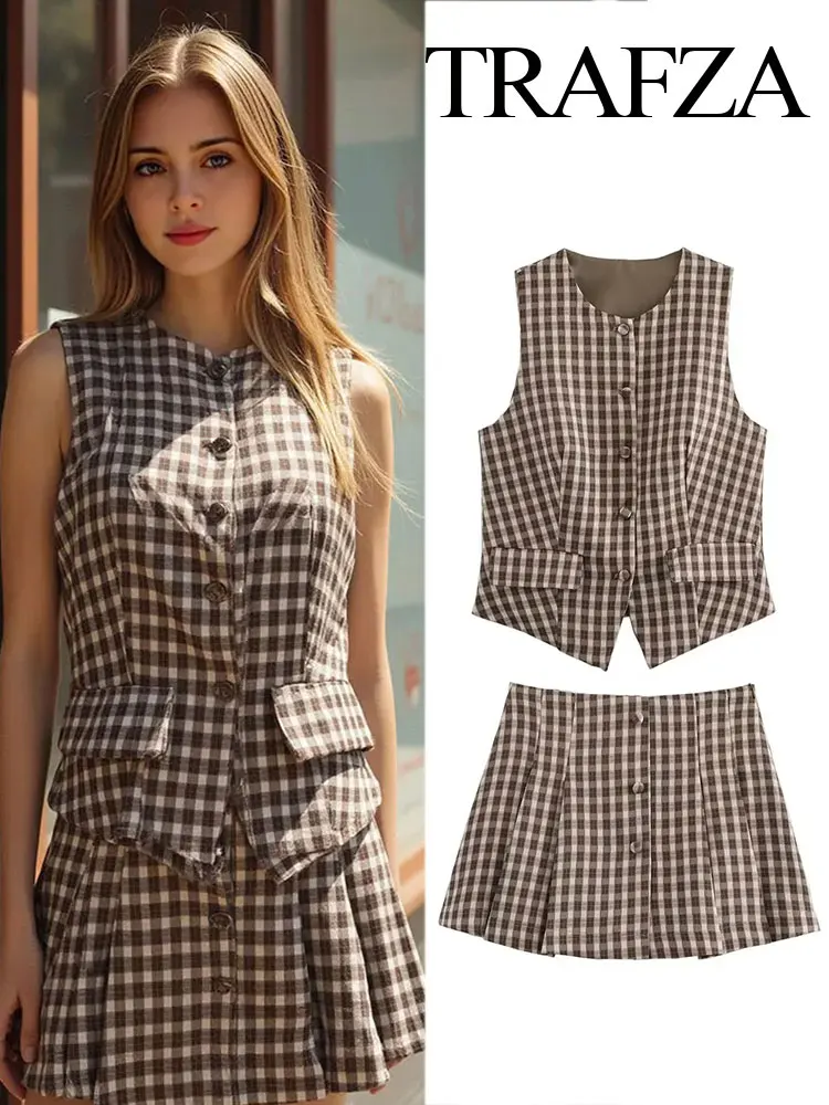

TRAFZA Elegant Women's Plaid Skirt Street Suit O Collar Vest Suit Vest+High Waist Pleated Skirt 2-piece Set 2025 Summer Clothing