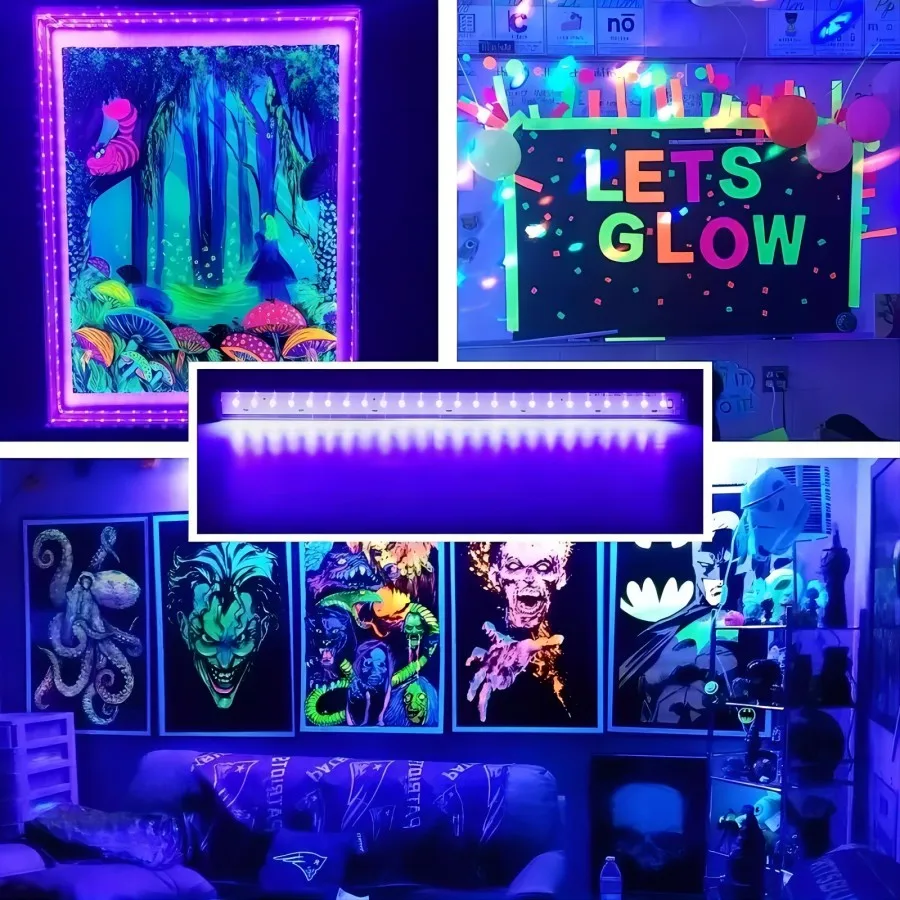 Barra de luz preta UV de 1 pés para sala, armário, decorações de feriados de Halloween, pintura corporal, pôster, tapeçaria fluorescente, festa brilhante