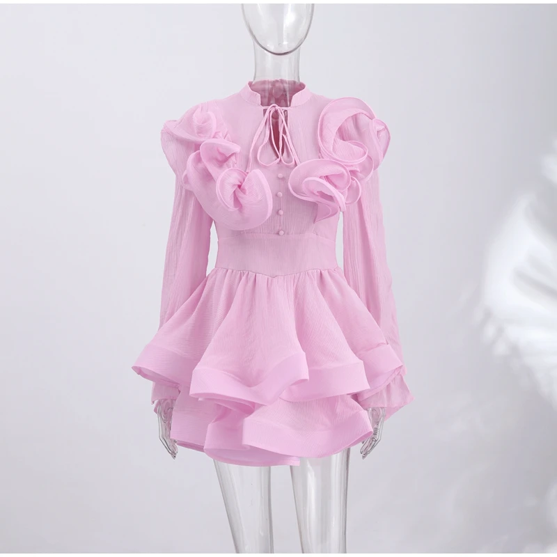 Solid Ruffle Mini Dress U Neck Long Puff Sleeve Tie Neck Tiered Hem Sweet Style Gown Soft Pastel Tones Fashion Chic Women Outfit