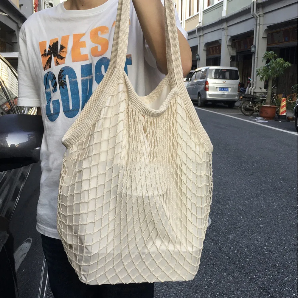 Reusable Grocery Bags Fruit Vegetable Net Bag Washable Cotton Mesh String Organic Organizer Handbag Short Handle Top-Handle Bags