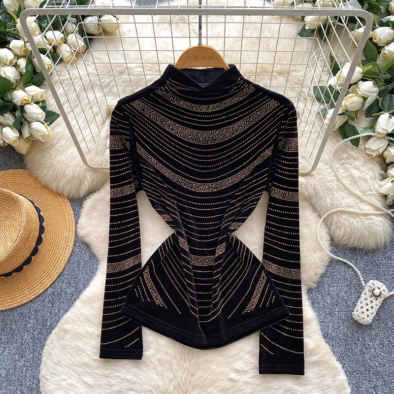 Korean Style Shirt Heavy Rhinestone V-Neck Long Sleeve T-Shirt Slim Fit Top Sexy Unique Fall Blouse Women Spring Tee BL549