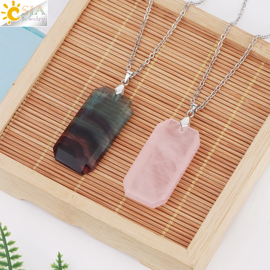 CSJA Natural Stone Crystal Coffin Pendant Necklace for Man Women Trendy Stainless Steel Chain Necklaces Halloween Gift H236