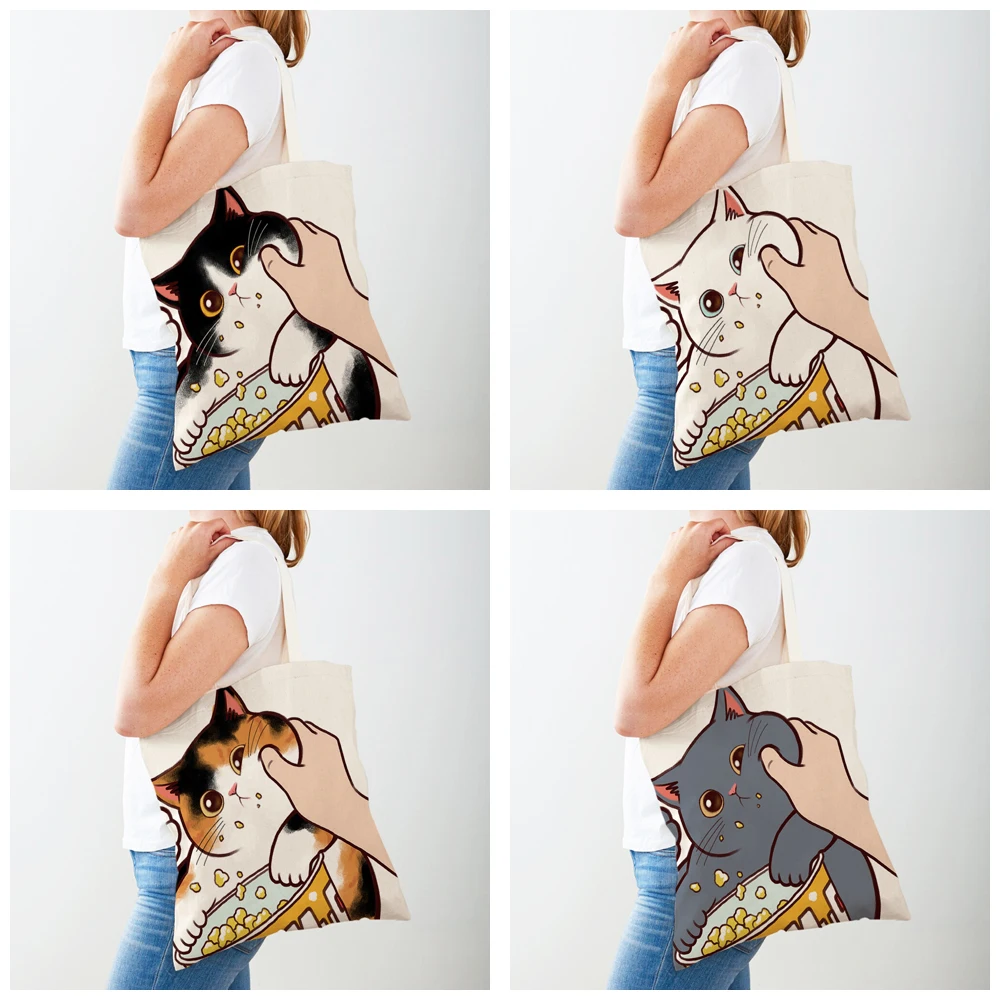 Both Sided Shopper Bag Funny Cartoon Cat Casual Women Shopping Bag Reusable Cute Pet Animal Canvas Lady Tote Handbag for Child