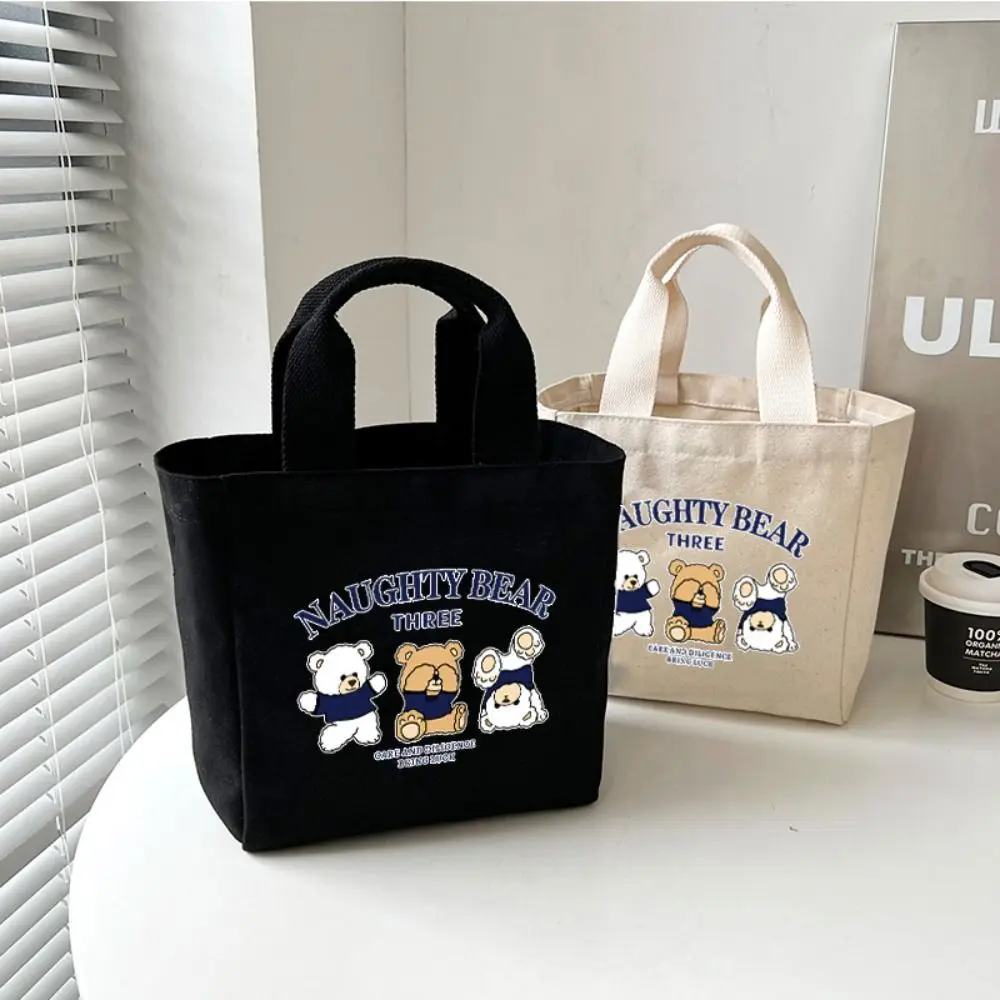 

Cartoon Embroidery Lunch Bag Cute Large Capacity Canvas Handbag Outdoor Food Storage Picnic Pouch