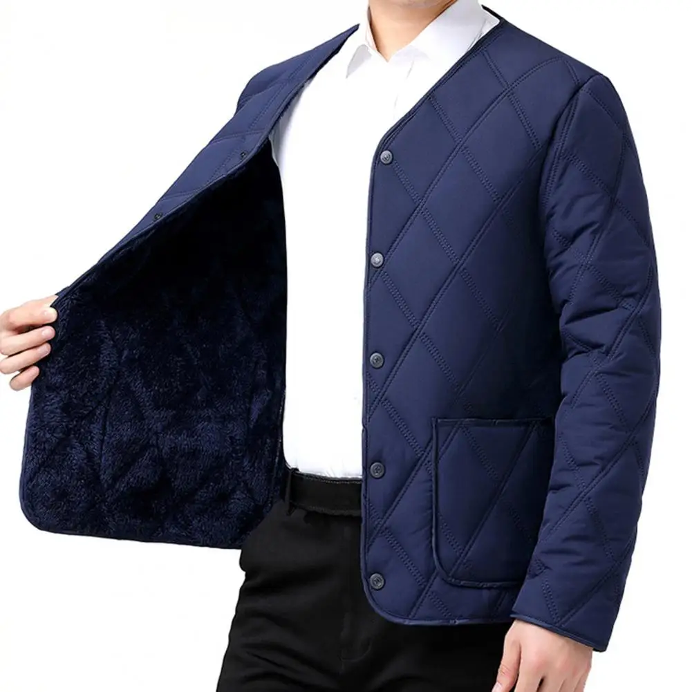 Thickened Plush Lining Cotton Coat Stylish V-neck Collarless Men\'s Jacket with Plush Lining Large Pockets Solid Color for Winter