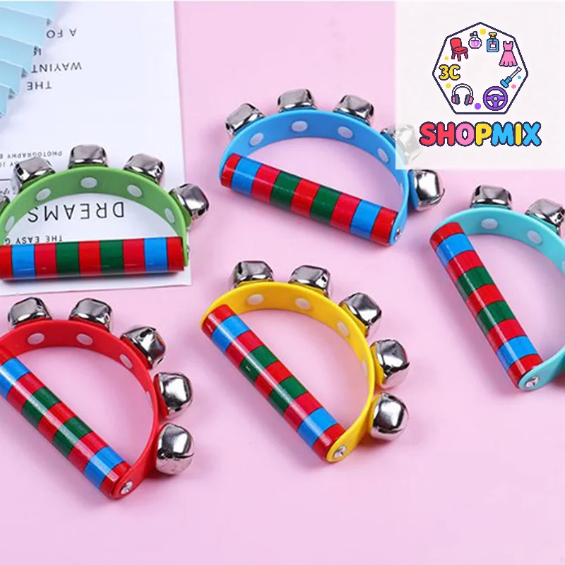 الدعائم الفكرية للأطفال أجراس اليد مع 5 أجراس جلجل مقبض خشبي لعبة آلة موسيقية لفئة الموسيقى