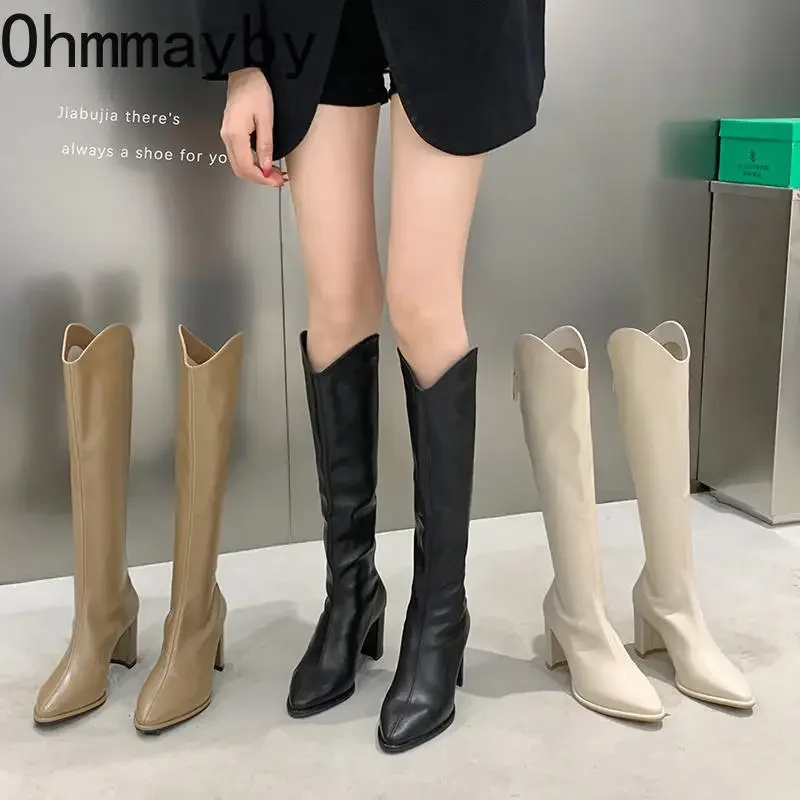 Women Knight High Boots Fashion Pointed Toe Knight Long Booties Autumn Winter Female Soft Leather Shoes