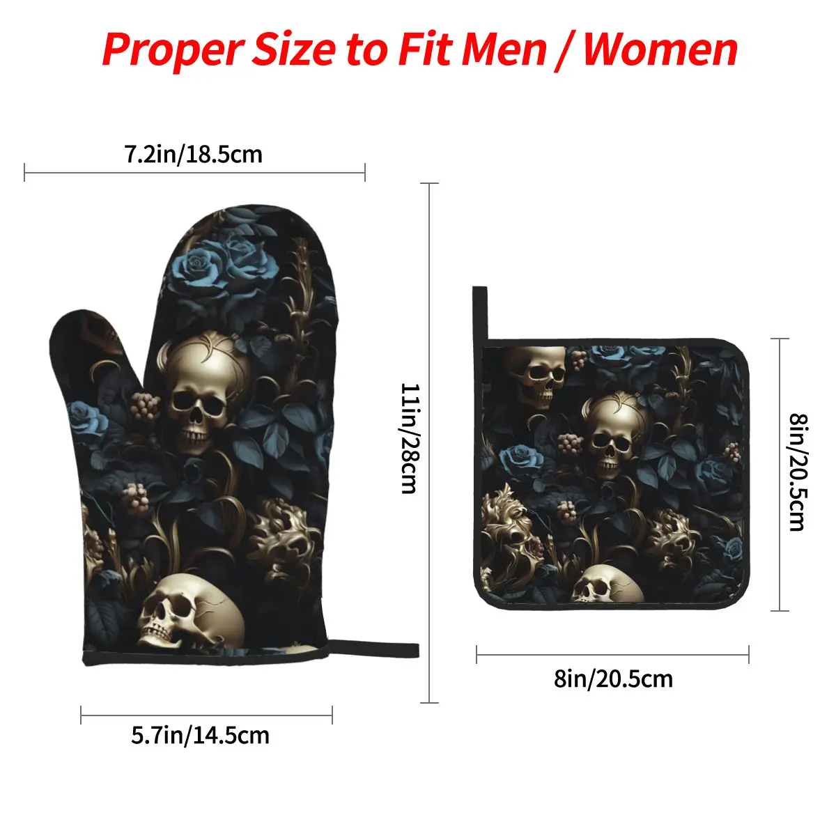 Horror Gothic Skeleton Death Skull Oven Mitts and Pot Holder Sets of 4 for Baking Kitchen Cooking BBQ Resistant Non-Slip Gloves