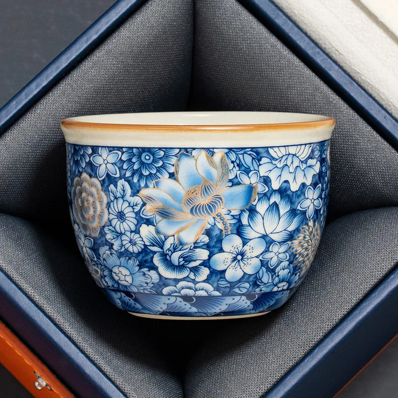 Ru Kiln New Gold Million Flower Jar Cup Ceramic Teacup Chinese Master Cup Single Cup Sample Tea Cup Kung Fu Tea Set