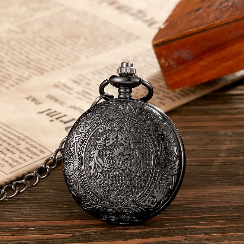 Antique Steampunk Vintage Arabic Numerals Quartz Pocket Watch Floral Pattern Case Necklace Pendant Clock Chain Men Women